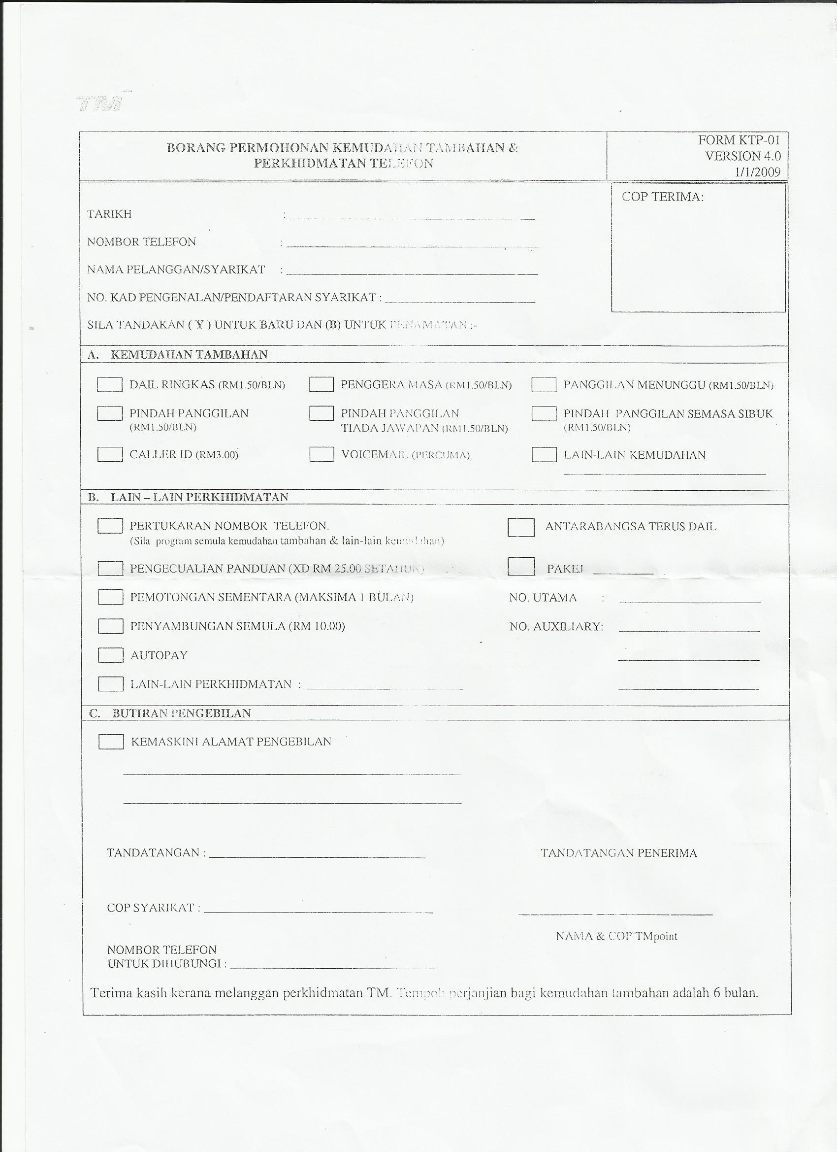 TM Additional Facilities & Telephone Services Form